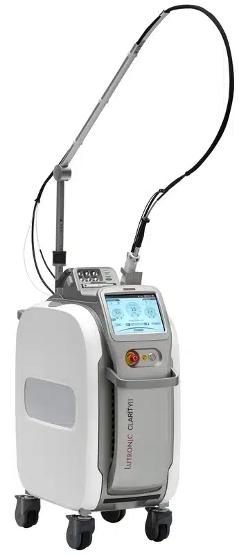 Medical laser device with a touchscreen, control buttons, and an articulated arm.